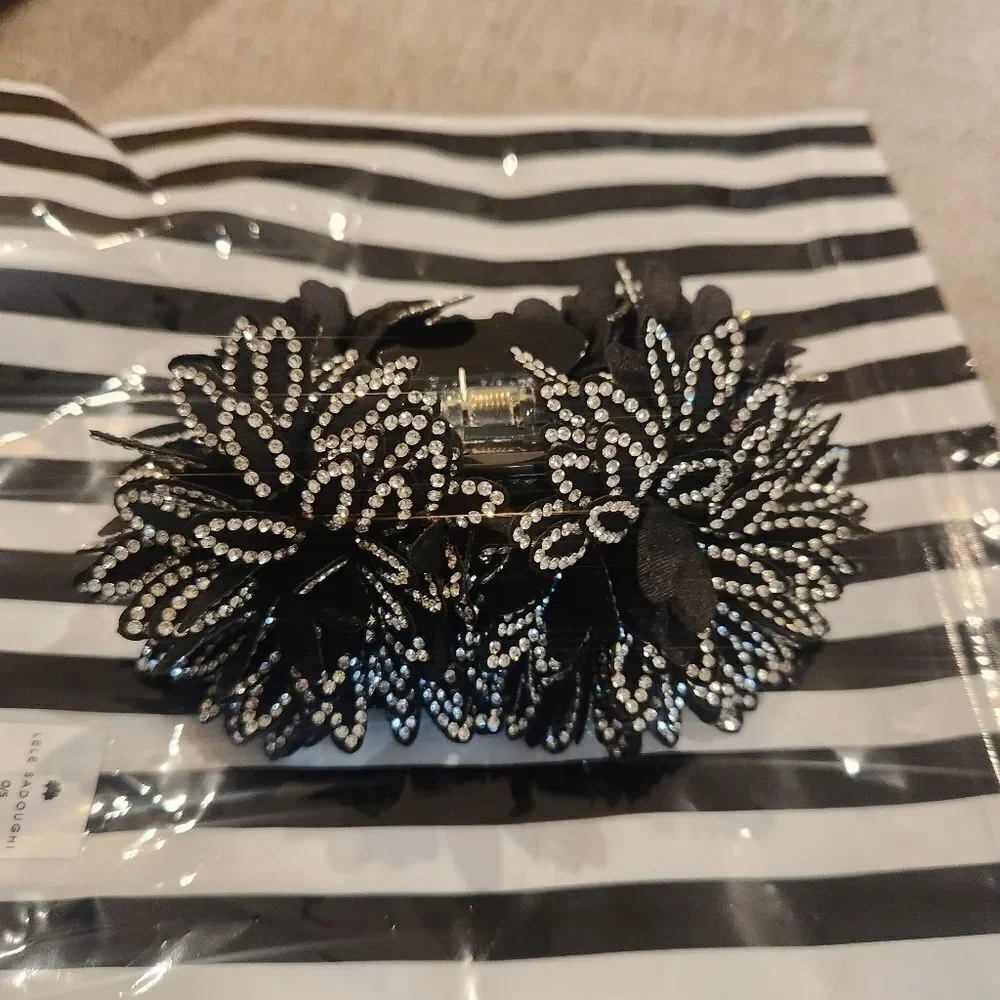 New Lele Sadoughi Crystak Dahlia Claw Clip Hair Black